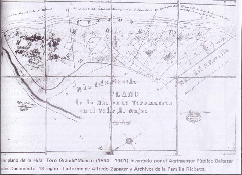 Plano de la area de Toro Muerto hecho por Baltazar Zapater. Fuente: Eloy Linares Malaga, Prehistoria de Arequipa, Tomo I, ed. UNSA, Arequipa, 1990, p. 25.